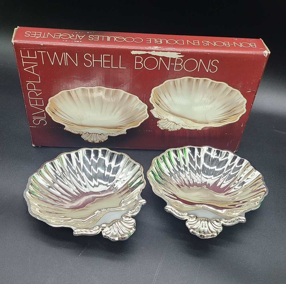 Vintage Silver Plate Candy Bon Bon Twin Shell Trays